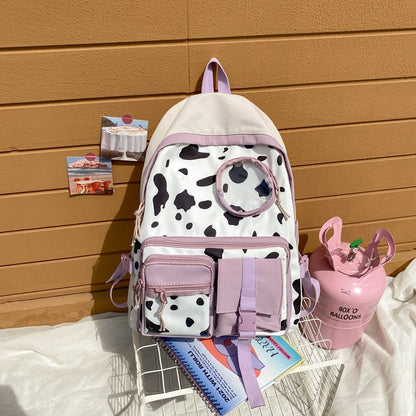 New Kawaii Cow Print Women Backpack Female Multi-pocket Knapsack Teenage Girl Transparent Book Bag Students Big Schoolbag