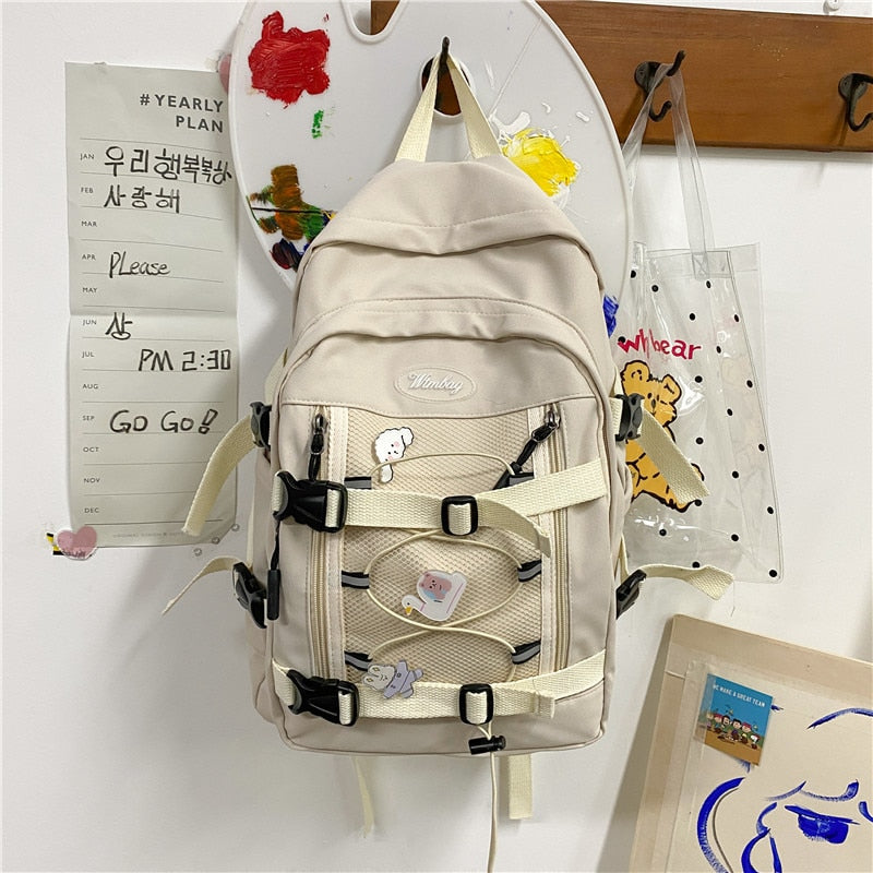 New Large Capacity Drawstring Women Backpack Female Multi-pocket Waterproof Nylon Book Bag College Girl Buttons Schoolbag