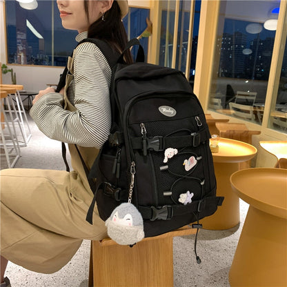 New Large Capacity Drawstring Women Backpack Female Multi-pocket Waterproof Nylon Book Bag College Girl Buttons Schoolbag