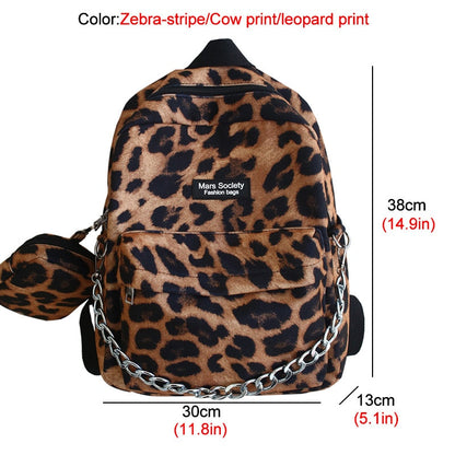 New Leopard Print Women Backpack Female Velvet Schoolbags for Students Fashion Chain Travel Bag College Girls Backpack