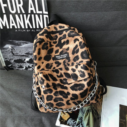 New Leopard Print Women Backpack Female Velvet Schoolbags for Students Fashion Chain Travel Bag College Girls Backpack