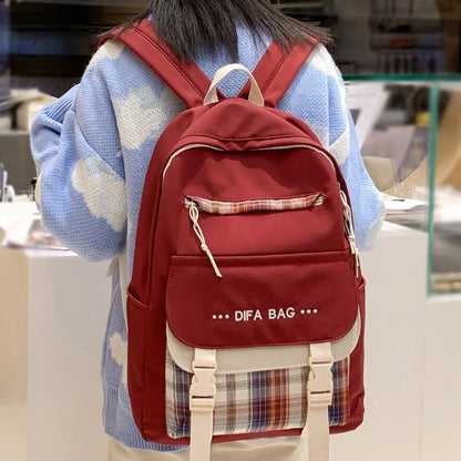 New Letters Embroidery Waterproof Nylon Women Backpack Female Plaid Insert Buckle Travel Bag Korean Schoolbag for Girls