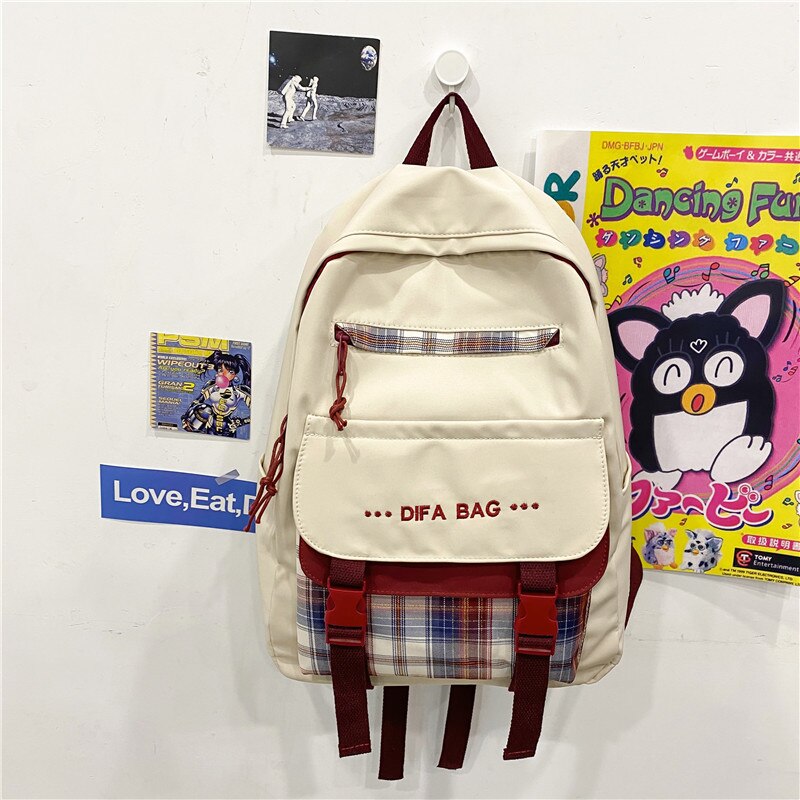 New Letters Embroidery Waterproof Nylon Women Backpack Female Plaid Insert Buckle Travel Bag Korean Schoolbag for Girls