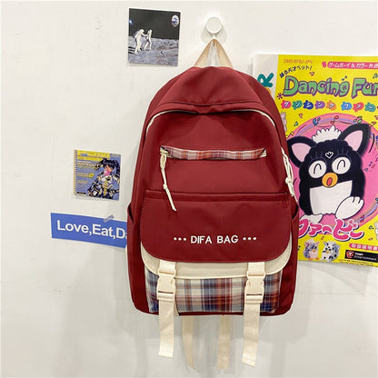 New Letters Embroidery Waterproof Nylon Women Backpack Female Plaid Insert Buckle Travel Bag Korean Schoolbag for Girls