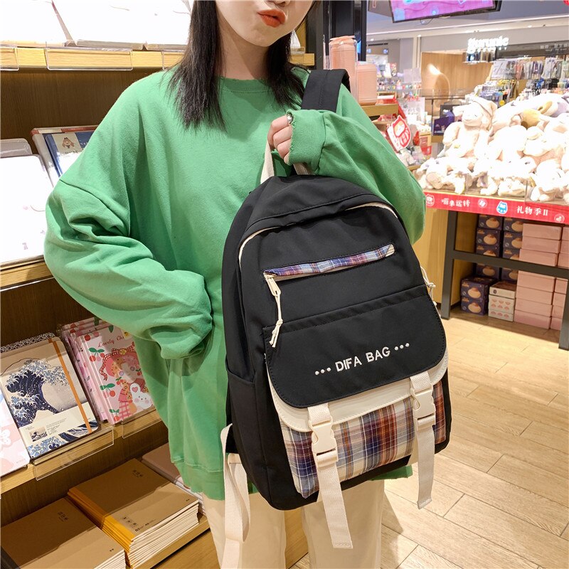 New Letters Embroidery Waterproof Nylon Women Backpack Female Plaid Insert Buckle Travel Bag Korean Schoolbag for Girls