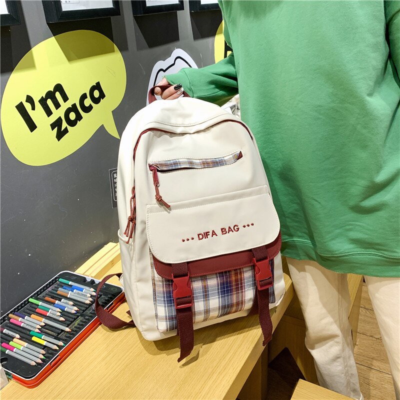 New Letters Embroidery Waterproof Nylon Women Backpack Female Plaid Insert Buckle Travel Bag Korean Schoolbag for Girls