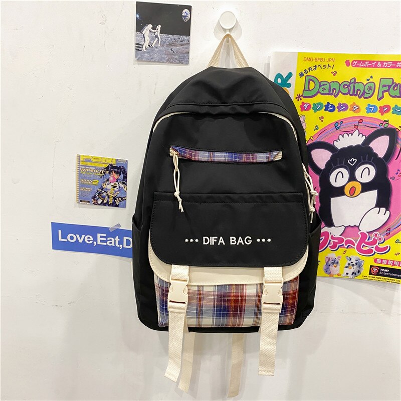 New Letters Embroidery Waterproof Nylon Women Backpack Female Plaid Insert Buckle Travel Bag Korean Schoolbag for Girls