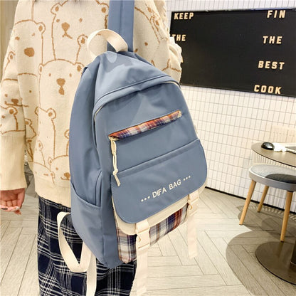 New Letters Embroidery Waterproof Nylon Women Backpack Female Plaid Insert Buckle Travel Bag Korean Schoolbag for Girls