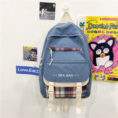 New Letters Embroidery Waterproof Nylon Women Backpack Female Plaid Insert Buckle Travel Bag Korean Schoolbag for Girls