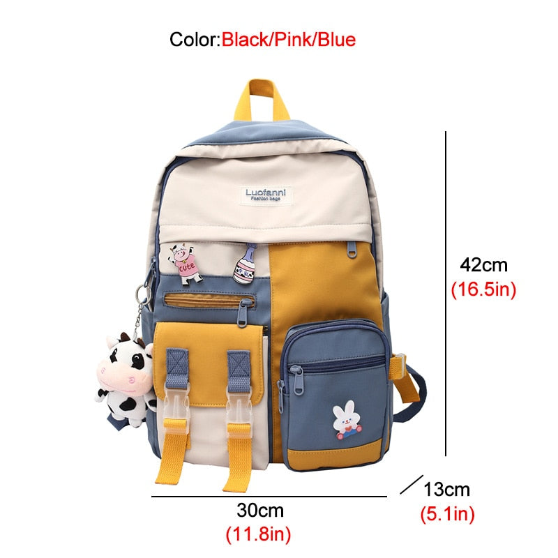 New Multi-pocket Waterproof Nylon Women Backpack Female Lovely Contrast Color Travel Bag College Schoolbag for Girls