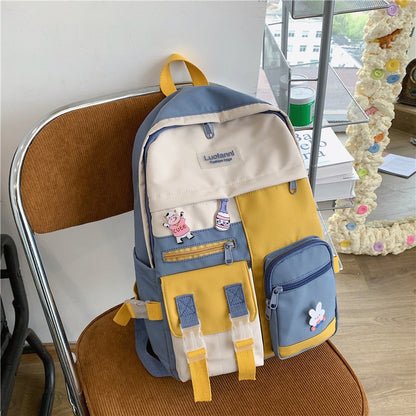 New Multi-pocket Waterproof Nylon Women Backpack Female Lovely Contrast Color Travel Bag College Schoolbag for Girls