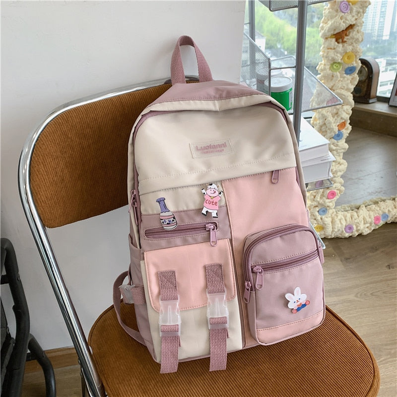 New Multi-pocket Waterproof Nylon Women Backpack Female Lovely Contrast Color Travel Bag College Schoolbag for Girls