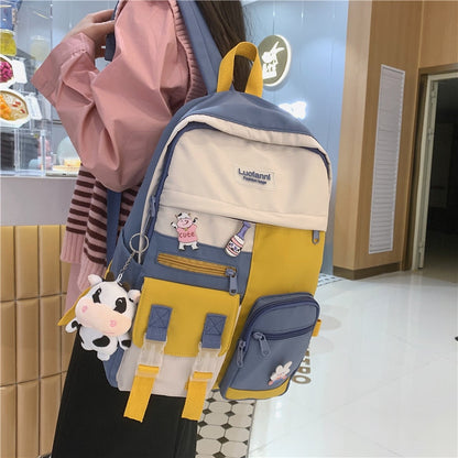 New Multi-pocket Waterproof Nylon Women Backpack Female Lovely Contrast Color Travel Bag College Schoolbag for Girls