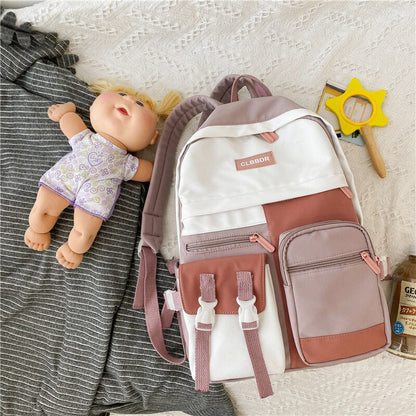 New Waterproof Nylon Women Backpack Female Multi-pocket Contrast Color Travel Bag College Girls Insert Buckle Schoolbag