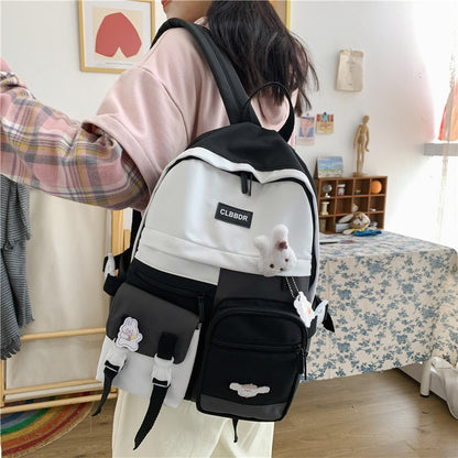 New Waterproof Nylon Women Backpack Female Multi-pocket Contrast Color Travel Bag College Girls Insert Buckle Schoolbag