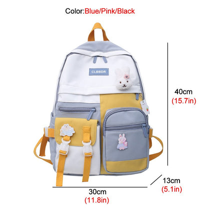 New Waterproof Nylon Women Backpack Female Multi-pocket Contrast Color Travel Bag College Girls Insert Buckle Schoolbag