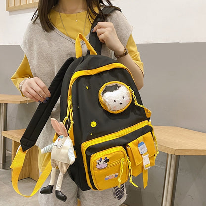 Waterproof Nylon Multi-pocket Women Backpack Female Transparent Pocket Book Bag Korean Cartoon Printing Girls Schoolbag