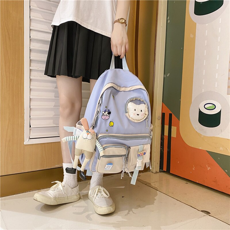 Waterproof Nylon Multi-pocket Women Backpack Female Transparent Pocket Book Bag Korean Cartoon Printing Girls Schoolbag