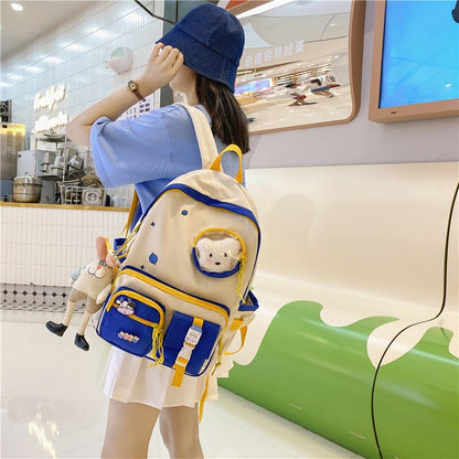 Waterproof Nylon Multi-pocket Women Backpack Female Transparent Pocket Book Bag Korean Cartoon Printing Girls Schoolbag