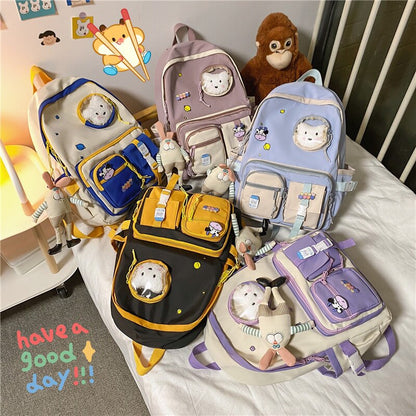 Waterproof Nylon Multi-pocket Women Backpack Female Transparent Pocket Book Bag Korean Cartoon Printing Girls Schoolbag