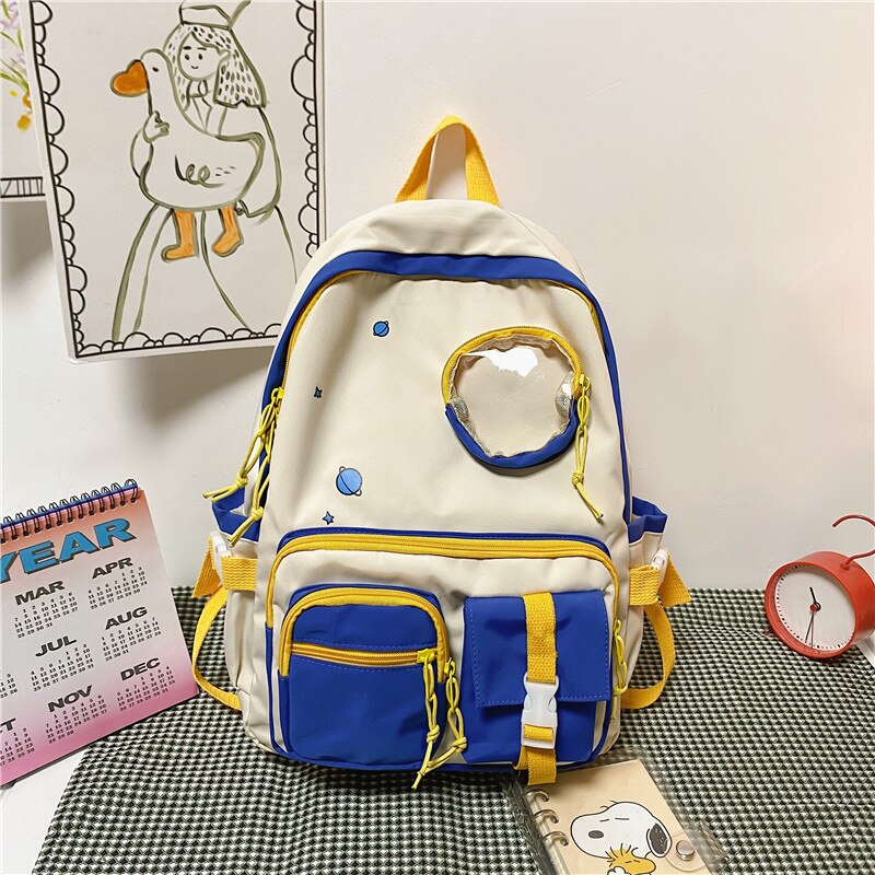 Waterproof Nylon Multi-pocket Women Backpack Female Transparent Pocket Book Bag Korean Cartoon Printing Girls Schoolbag