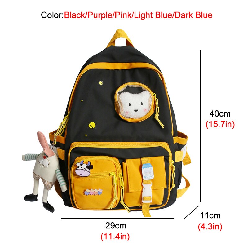 Waterproof Nylon Multi-pocket Women Backpack Female Transparent Pocket Book Bag Korean Cartoon Printing Girls Schoolbag