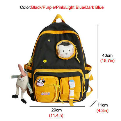 Waterproof Nylon Multi-pocket Women Backpack Female Transparent Pocket Book Bag Korean Cartoon Printing Girls Schoolbag