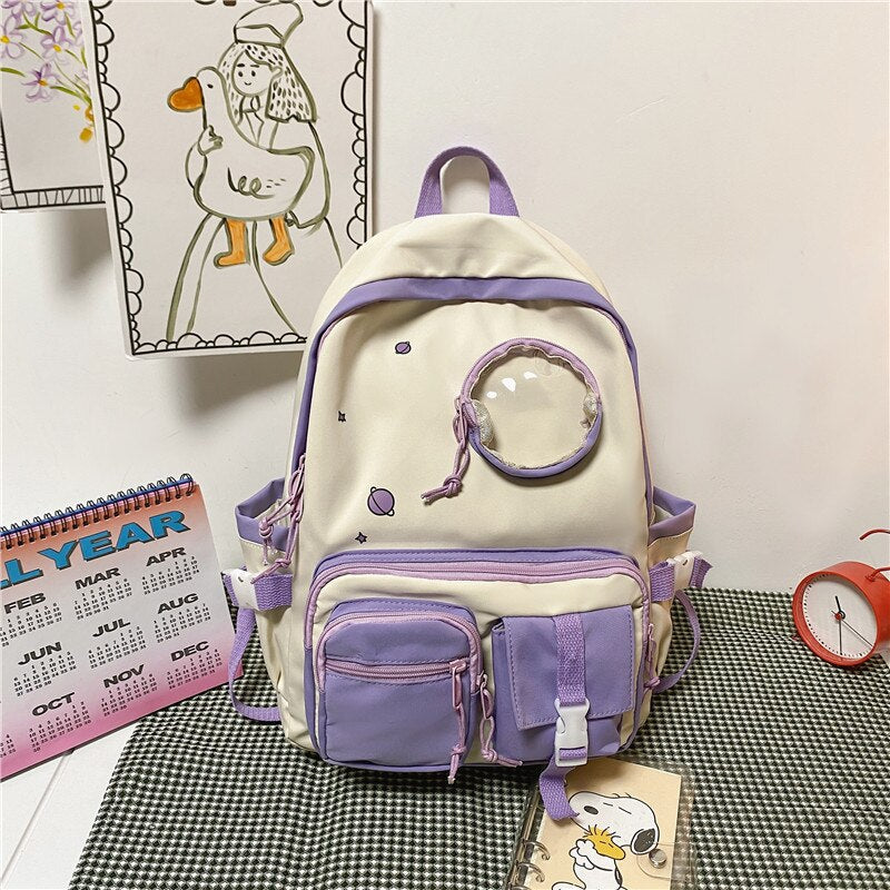 Waterproof Nylon Multi-pocket Women Backpack Female Transparent Pocket Book Bag Korean Cartoon Printing Girls Schoolbag