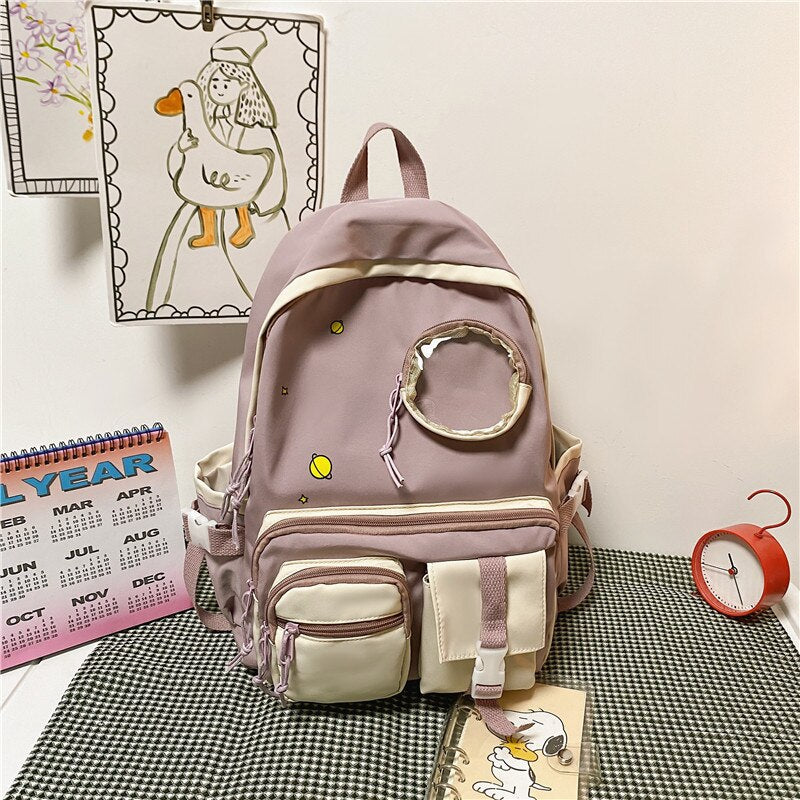 Waterproof Nylon Multi-pocket Women Backpack Female Transparent Pocket Book Bag Korean Cartoon Printing Girls Schoolbag