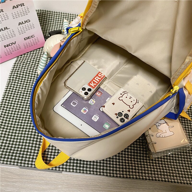 Waterproof Nylon Multi-pocket Women Backpack Female Transparent Pocket Book Bag Korean Cartoon Printing Girls Schoolbag