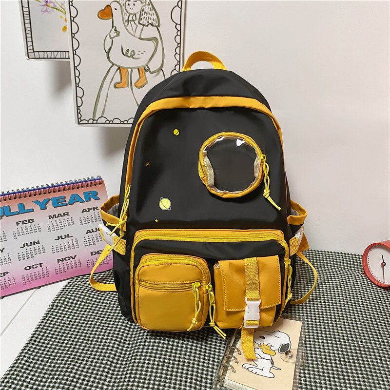 Waterproof Nylon Multi-pocket Women Backpack Female Transparent Pocket Book Bag Korean Cartoon Printing Girls Schoolbag