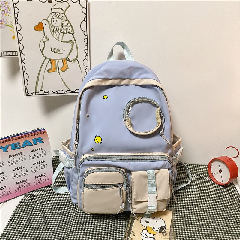 Waterproof Nylon Multi-pocket Women Backpack Female Transparent Pocket Book Bag Korean Cartoon Printing Girls Schoolbag