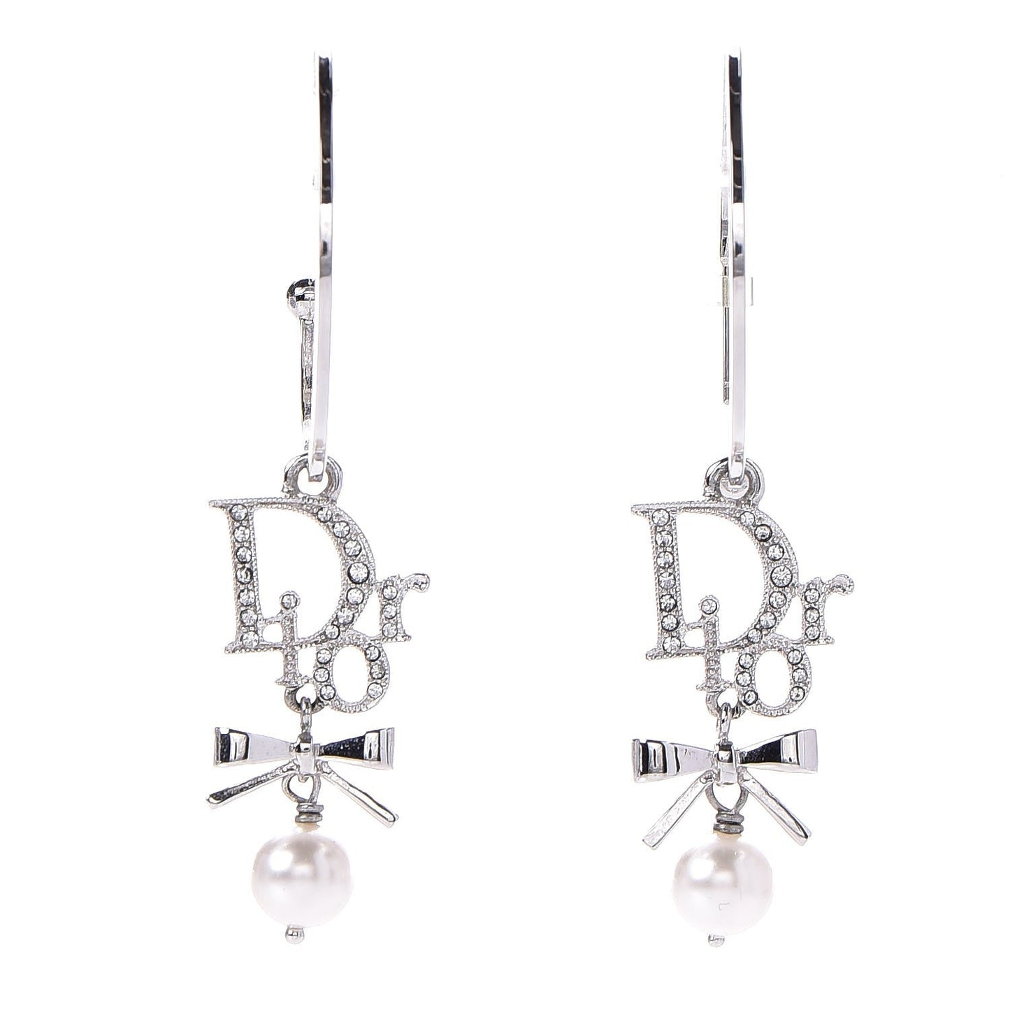 Christian Dior Crystal Pearl Logo Earrings Silver