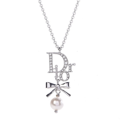 Christian Dior Crystal Pearl Dior Logo Necklace Silver