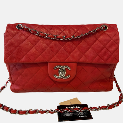 Chanel Classic Flap Maxi Red Caviar Leather Silver-tone Hardware Giant CC Logo