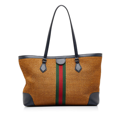 Brown Gucci Medium Raffia Ophidia Tote Bag