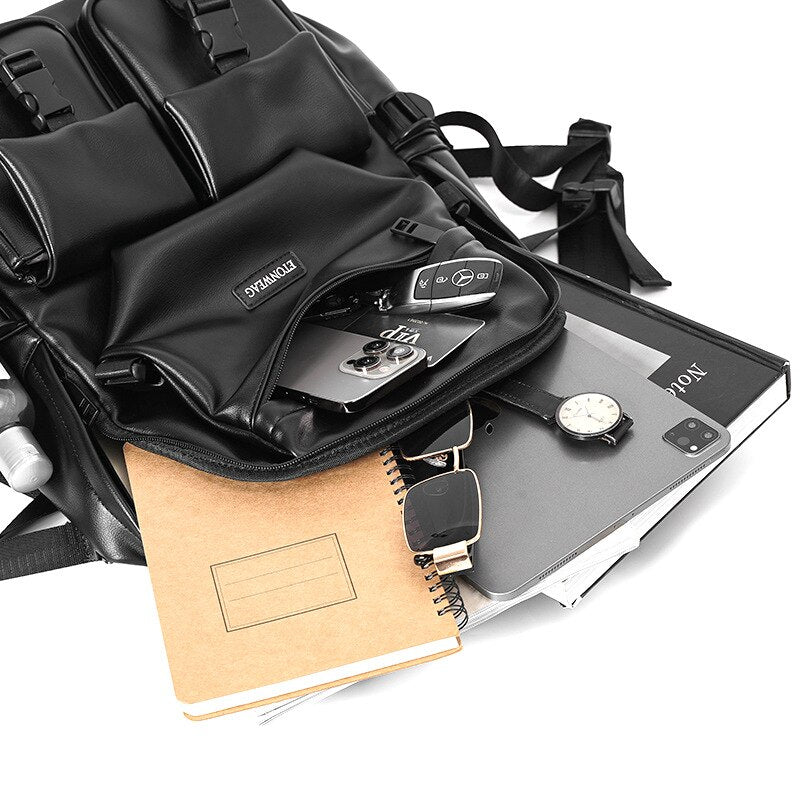Gothslove Black Leather Backpacks Men Multi-pocket Backpacks for Colleges Backpack Large Capacity Laptop Bag Schoolbag
