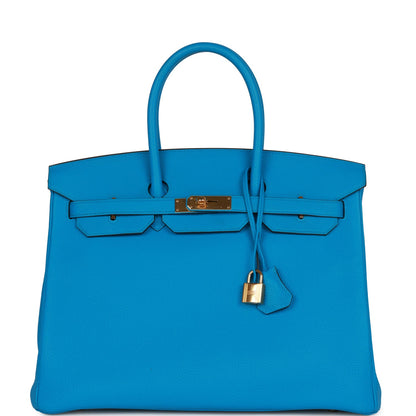 Top Quality Hermes Birkin 35 Bleu Zanzibar Togo Gold Hardware