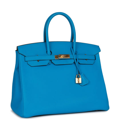 Top Quality Hermes Birkin 35 Bleu Zanzibar Togo Gold Hardware