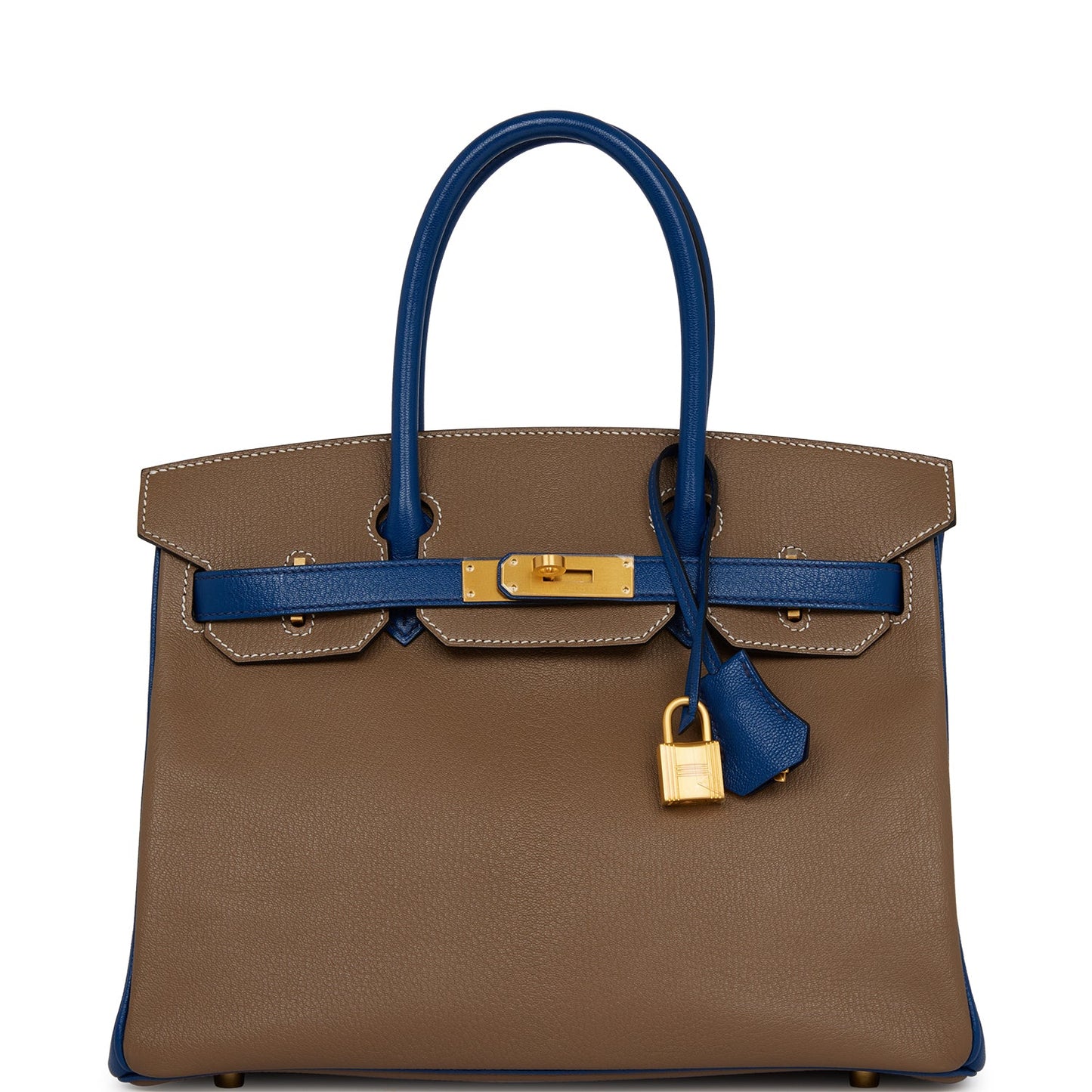 Top Quality Hermes Special Order (HSS) Birkin 30 Etoupe and Bleu Saphire Chevre Brushed Gold Hardware