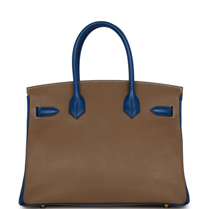 Top Quality Hermes Special Order (HSS) Birkin 30 Etoupe and Bleu Saphire Chevre Brushed Gold Hardware