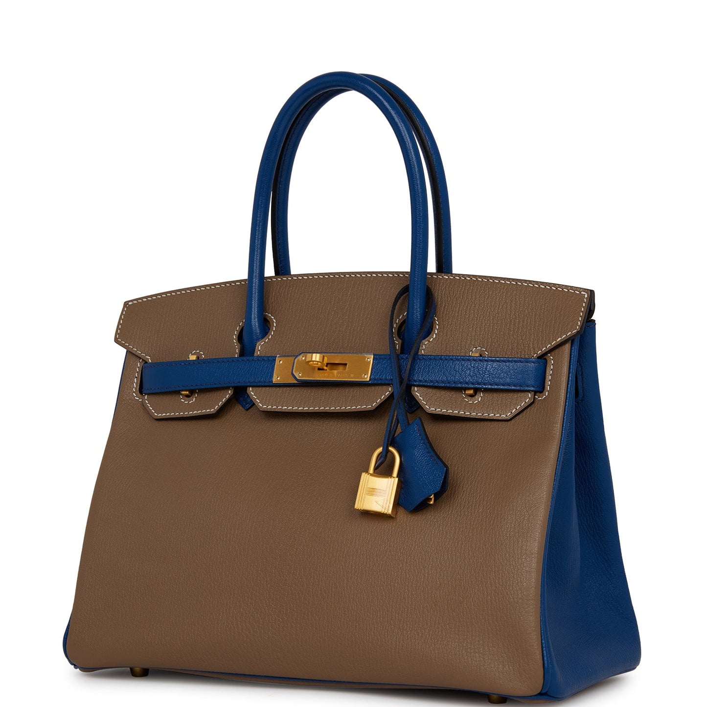 Top Quality Hermes Special Order (HSS) Birkin 30 Etoupe and Bleu Saphire Chevre Brushed Gold Hardware