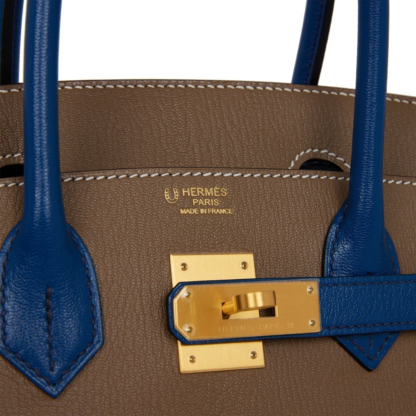 Top Quality Hermes Special Order (HSS) Birkin 30 Etoupe and Bleu Saphire Chevre Brushed Gold Hardware