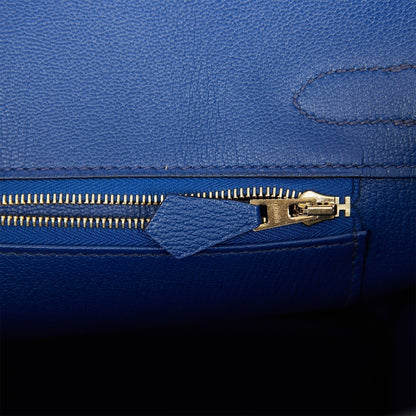 Top Quality Hermes Special Order (HSS) Birkin 30 Etoupe and Bleu Saphire Chevre Brushed Gold Hardware