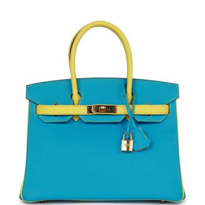 Top Quality Hermes Special Order (HSS) Birkin 30 Bleu Turquoise and Lime Chevre Gold Hardware