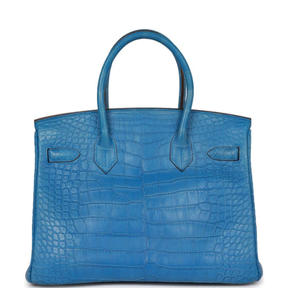 Top Quality Hermes Birkin 30 Bleu Mykonos Matte Alligator Palladium Hardware