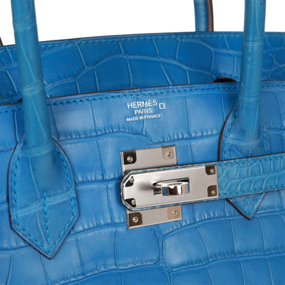 Top Quality Hermes Birkin 30 Bleu Mykonos Matte Alligator Palladium Hardware