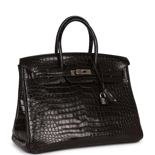 Top Quality Hermes Birkin 35 Black Matte Crocodile Porosus Palladium Hardware