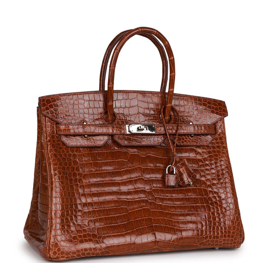 Top Quality Hermes Birkin 35 Miel Shiny Porosus Crocodile Palladium Hardware