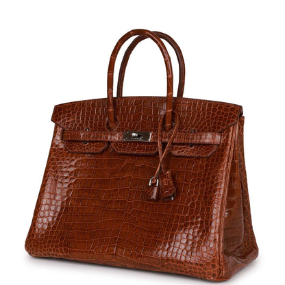 Top Quality Hermes Birkin 35 Miel Shiny Porosus Crocodile Palladium Hardware